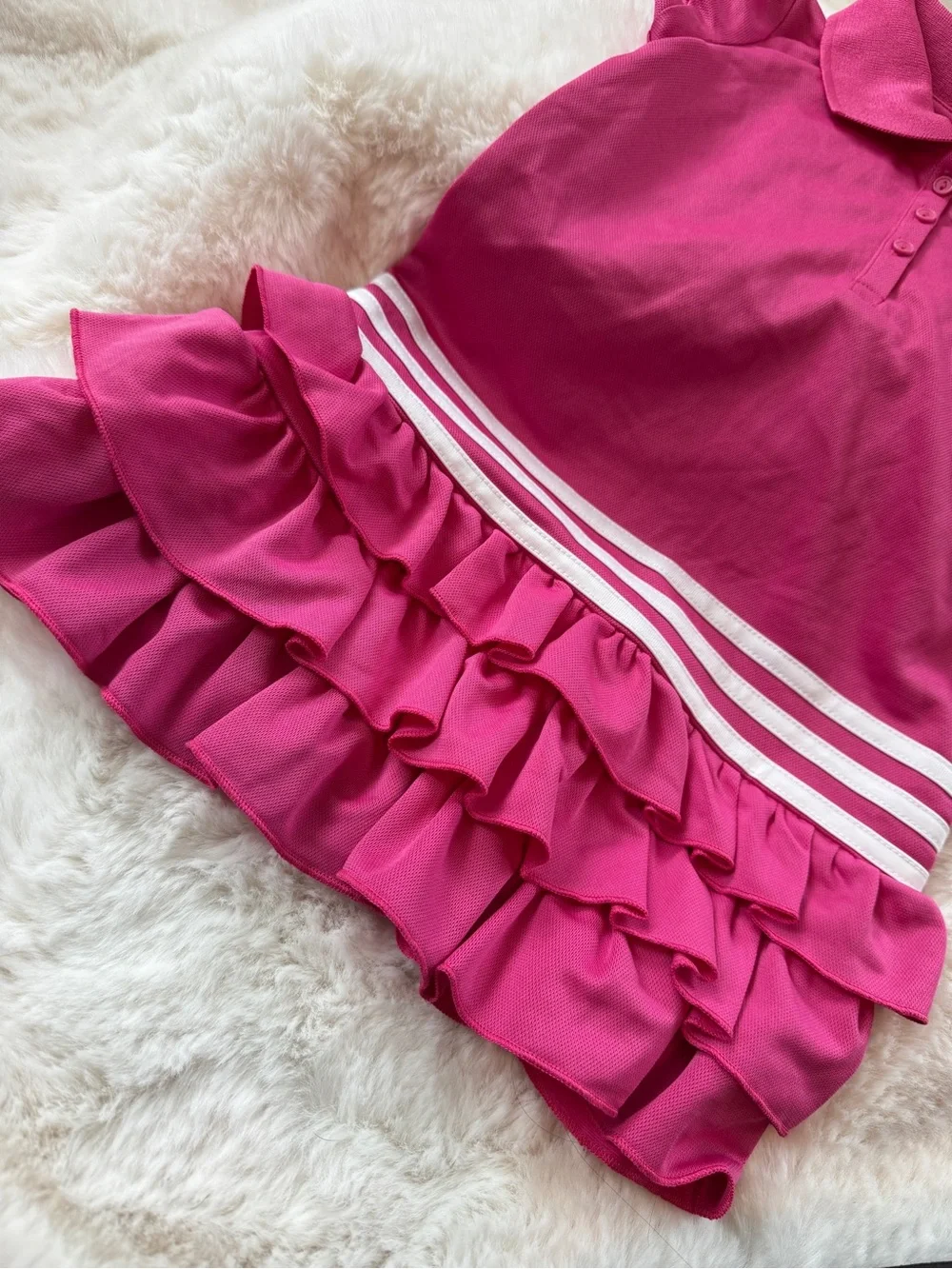 adidas Girls Hot Pink Polo Ruffle Dress with White Stripe Detail, 4T